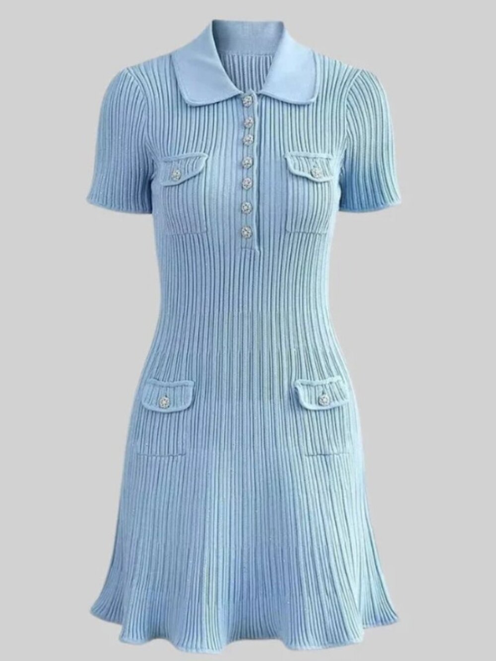 Sierra Darien Baby Blue Short Sleeve Hourglass Diamond Dress. Ribbed Knit